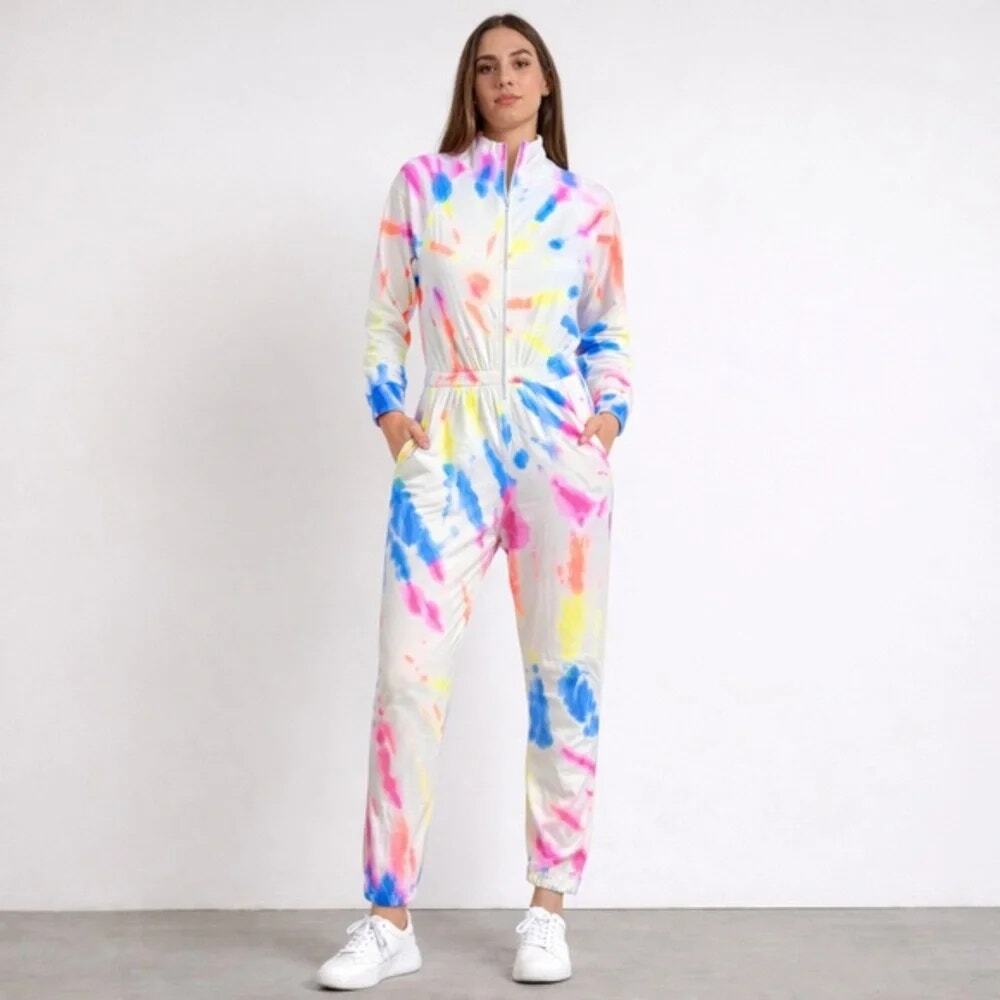 NEW Lezat Restore Soft Terry Jumpsuit Neon Tie Dye Zip Up Cotton Women's XL